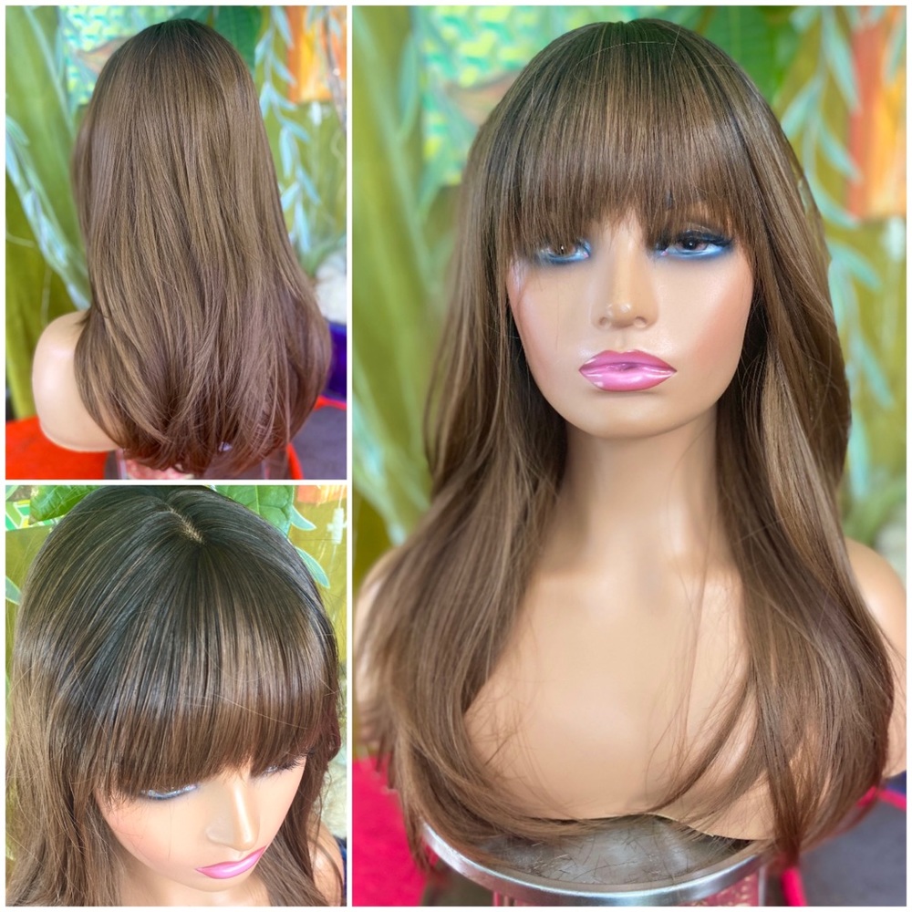 luxury ombré brunette wig with bangs